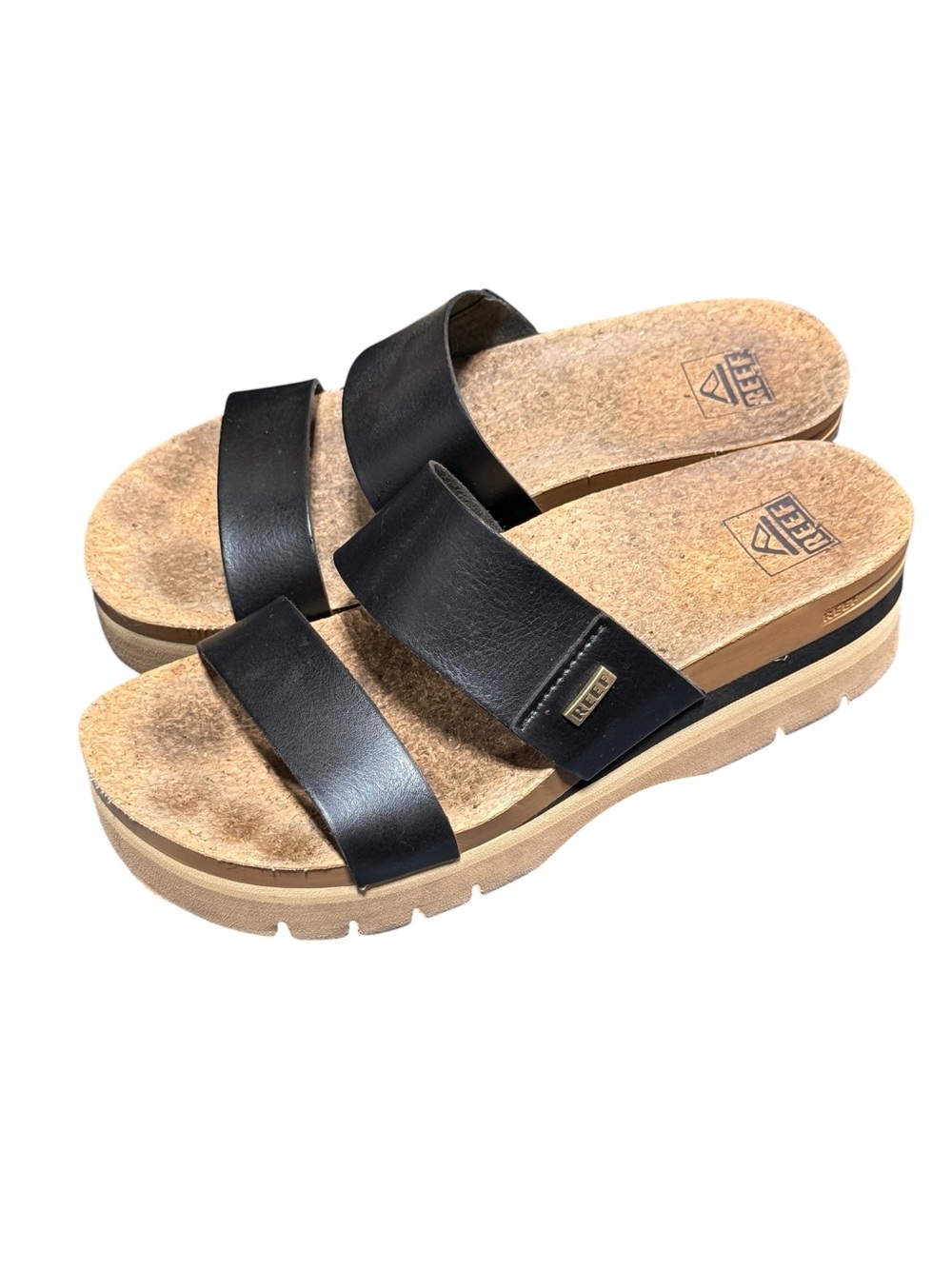 Reef Cushion Vista Higher Sandals Size 9 Black Tan Vegan Leather Platform Chunky - Picture 3 of 8